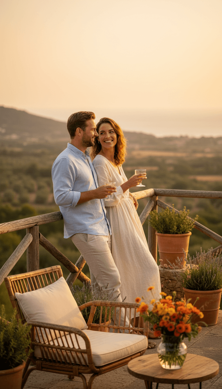 Couple enjoying golden hour on scenic vacation rental terrace with comfortable seating and natural landscape views